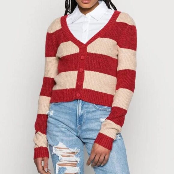 American Eagle Outfitters Sweaters - American Eagle Red/ Tan Rugby Stripe Slim Cardigan Size Extra Small